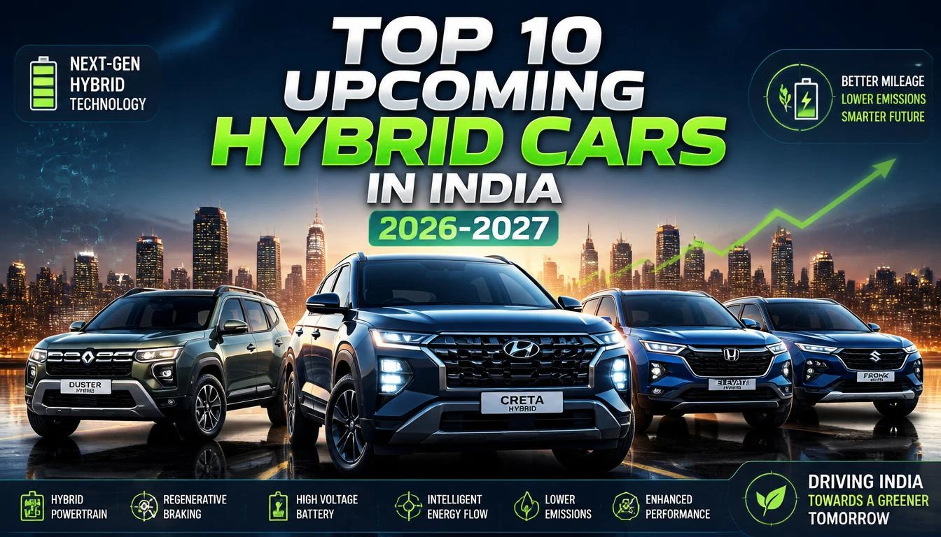 Upcoming Hybrid Cars in India 2026 2027 including Hyundai Creta Hybrid, Renault Duster Hybrid, Honda Elevate Hybrid and Maruti Fronx Hybrid